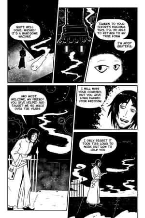 一位巫師和一個魔法實體在一個充滿齒輪的神秘場景中互相告別。 — 小米18 Fold 壁紙