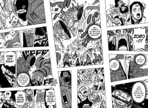 漫畫面板展示了角色在激烈動作中，帶有對話氣泡和動作線條。 — 動漫戰鬥 壁紙