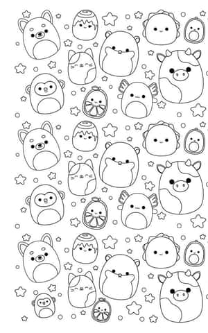 可愛卡通動物和物件，以著色本風格呈現，帶有星星和圓點。 — 乾淨 壁紙