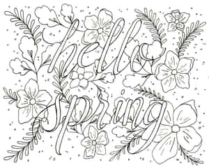 黑白線條藝術中，花朵和樹葉環繞的hello spring文字。 — 5:4 壁紙