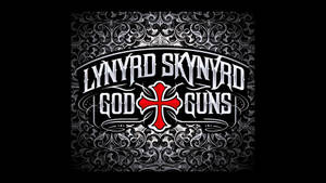 Lynyrd Skynyrd的God and Guns專輯標誌，裝飾背景上帶有紅色十字架。 — 音樂 壁紙