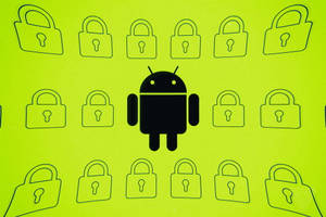 Android機器人被掛鎖圖示包圍，背景為綠色。 — 三星平板桌布 壁紙