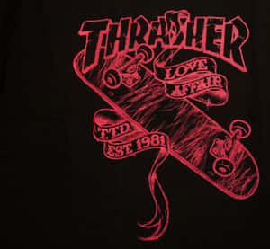 黑色T恤上的紅色Thrasher滑板標誌，帶有 'Love Affair' 和 'Est. 1981' 文字。 — Thrasher 壁紙