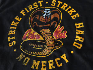 黑色T恤，上面有「Cobra Kai」眼鏡蛇標誌和「Strike First Strike Hard No Mercy」文字。 — 眼鏡蛇道館 壁紙