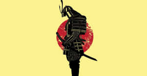 武士剪影持劍，以黃色背景上的紅太陽為襯 — 暗黑破壞神 壁紙