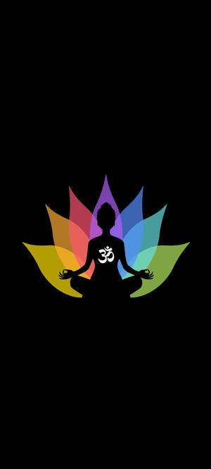 黑色背景上，彩虹蓮花中的一個帶有嗡符號的冥想人物。
