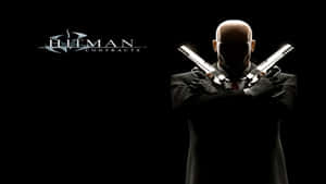 Hitman Contracts標誌，以及手持兩把手槍的光頭刺客剪影。 — 電玩遊戲 GIF 壁紙