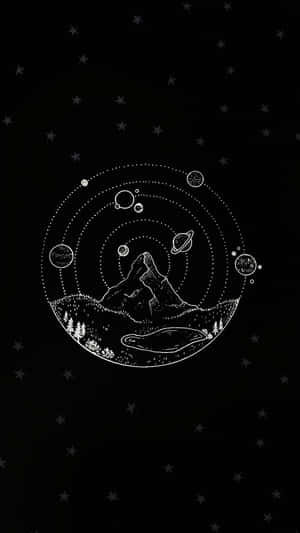 一個被環繞行星和星星包圍的山中湖泊，採用極簡線條藝術風格。 — 簡約暗黑美學 壁紙
