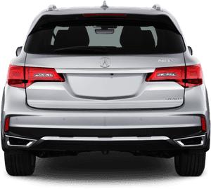銀色Acura MDX SUV後視圖，帶有紅色尾燈和鍍鉻飾條。