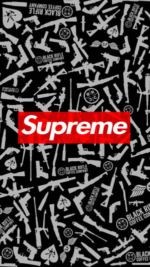 紅色 Supreme 標誌在黑色背景上，帶有白色槍枝剪影和咖啡品牌標誌。 — 酷炫至尊 壁紙