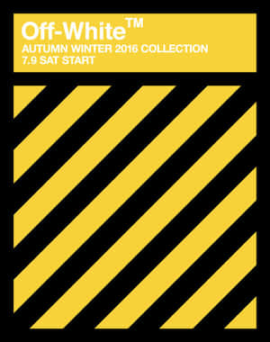 Off-White 2016秋冬系列海報，帶有黃色斜紋條紋和白色文字。 — 白色 iPhone 壁紙