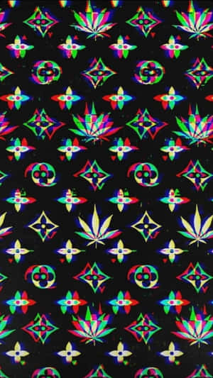 黑色背景上帶有彩色大麻和幾何形狀的迷幻桌布。 — 太空美學動圖 壁紙