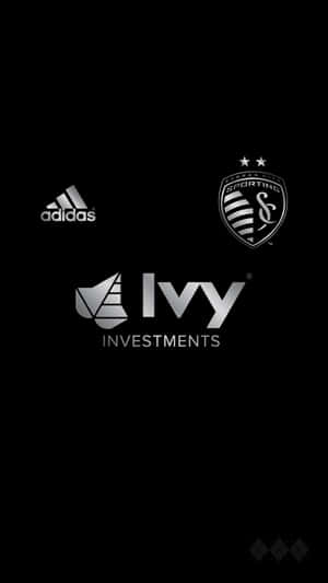 黑色背景上的三個銀色標誌，包括 adidas Kansas City Sporting 和 Ivy Investments。 — 愛迪達 GIF 壁紙