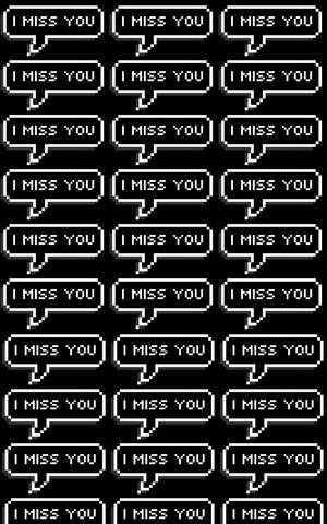 黑色背景上的像素化對話氣泡網格，寫著 I MISS YOU。 — 想念你 壁紙