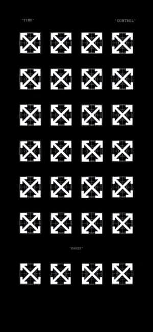 黑色上的白色Off-White箭頭網格，帶標籤時間控制頁面。 — 白色 iPhone 壁紙