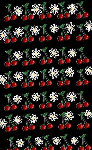 黑色背景上重複的紅櫻桃和白雛菊。 — Redmi Pad 壁紙