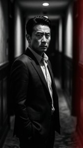 賀天身著西裝，搭配戲劇性的黑色電影風格燈光。 — 19天 壁紙