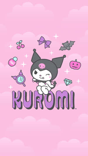 Kuromi卡通角色被萬聖節物品環繞在粉紅雲朵背景上。 — 黑川伊佐那 壁紙