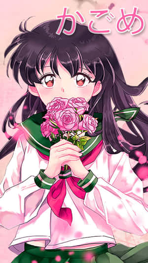 穿著校服的黑髮紅眼動漫女孩手持粉紅玫瑰。 — 日神神楽 壁紙