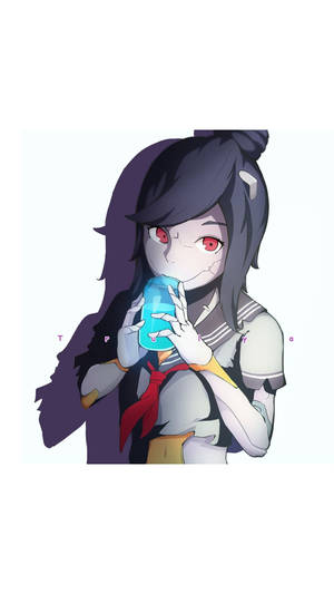 紅眼動漫女孩從發光藍色杯子中飲用。 — 超酷滴落 壁紙