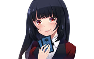 黑髮紅眼動漫女孩手持一張藍色卡片。 — 狂賭之淵 壁紙
