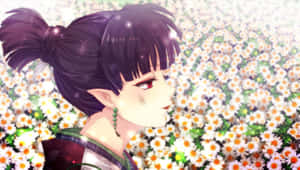 黑髮紅眼動漫精靈少女站在白色雛菊花田中。 — 犬夜叉 壁紙