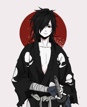 身穿黑色和服的動漫戰士，背後有紅色太陽和鳥兒，手持劍。 — Pixel Fold 壁紙