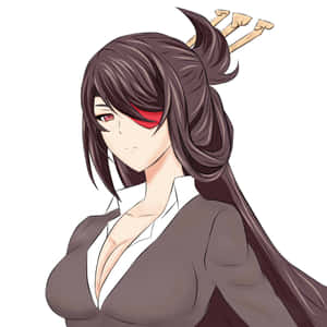 黑髮紅眼罩的動漫女性穿著商務西裝。 — 原神 壁紙