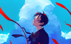 黑髮紅絲帶的動畫角色，在藍天白雲下微笑。 — 獵鷹 壁紙