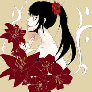 黑髮紅花飾品的動漫女孩在大紅百合旁。 — 飛段 曉 壁紙
