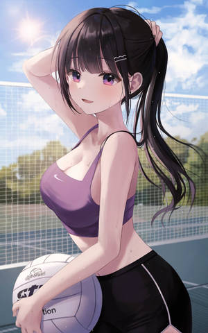 穿著運動服的動漫女孩在陽光明媚的球場上拿著排球 — 紅米K Pad 壁紙