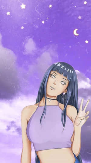 黑髮紫上衣的動漫女孩在星空下比出和平手勢。 — 動漫 壁紙