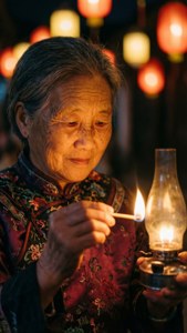 一位老婦人正在點亮燈籠，臉龐被溫暖的光芒照亮，身穿傳統服飾，背景呈現朦朧散景效果。