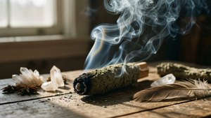 鼠尾草棒在木桌上與水晶和羽毛在陽光下冒煙 — 靈性動圖 壁紙