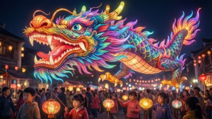 一幅奇幻的數位藝術場景，描繪巨大的龍燈籠飄浮在兒童遊行隊伍上方。