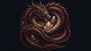 一條雄偉的金色紅龍在黑暗環境中盤繞著發光的晶體。 — 暗色 壁紙